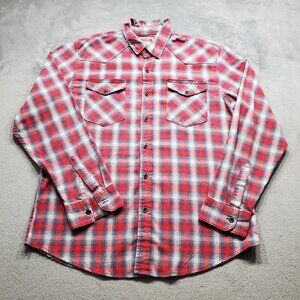 Wrangler Flannel Long Sleeve Metal Button Plaid Shirt Red White Men Sz L